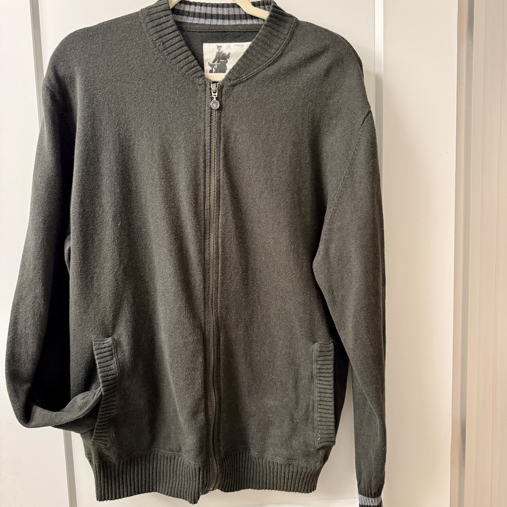 LINKSOUL John Ashworth Mens Full Zip Sweater L Olive Green Cotton Cashmere EUC